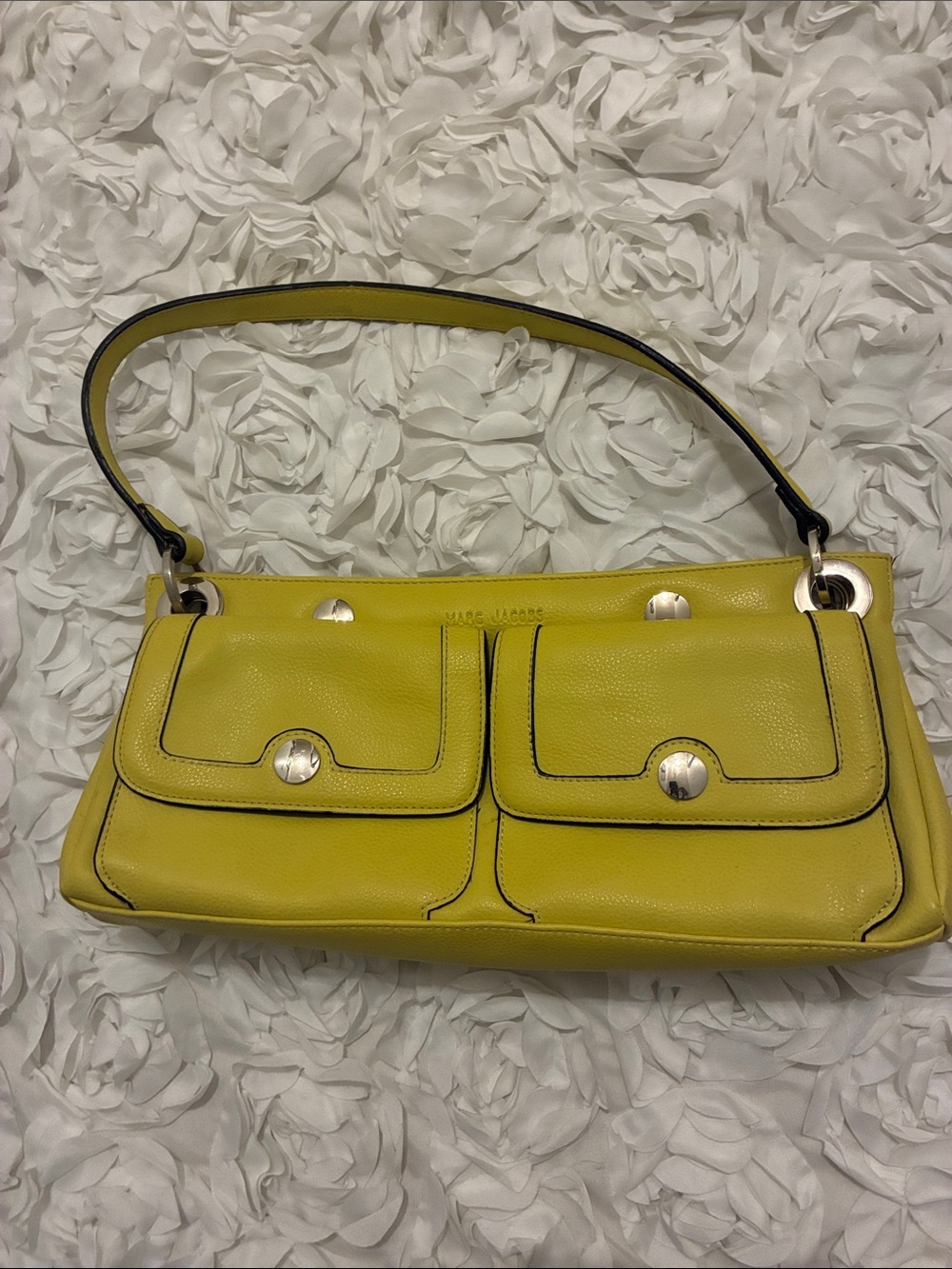 Marc Jacobs Lemon Yellow Leather Shoulder Bag with Front Flap Pockets